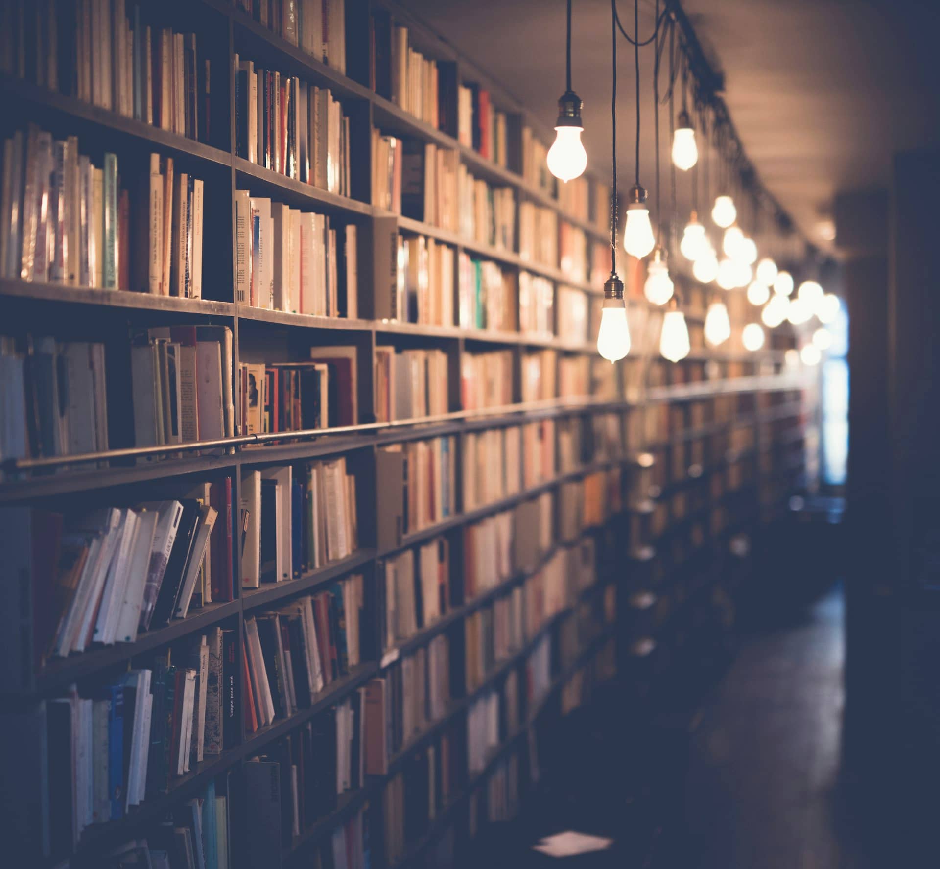 Rows of books on library shelves