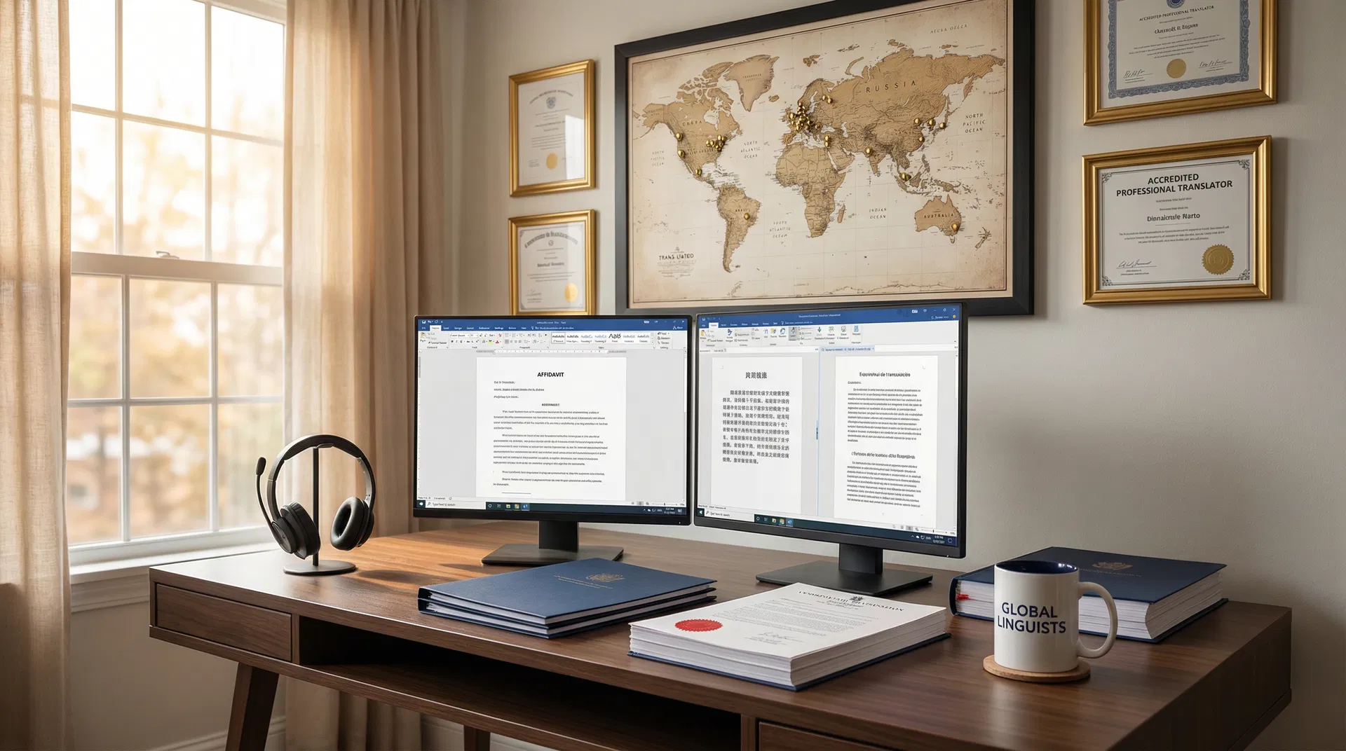 Translator's workspace with source and translated web content side by side on dual monitors