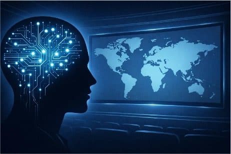 Illustration of AI-assisted subtitle generation: a circuit-patterned silhouette facing a world-map cinema screen