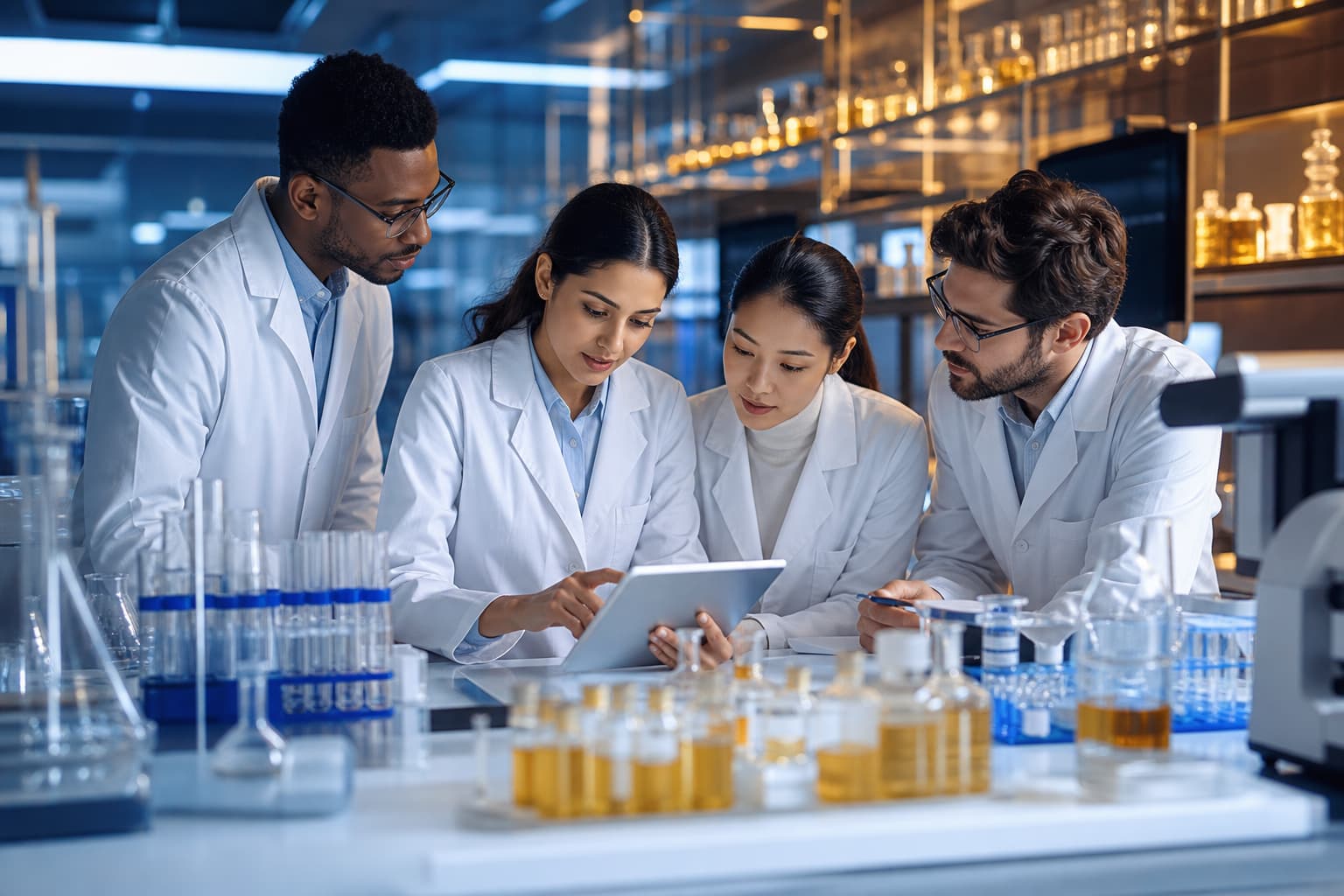 Clinical research team in lab coats reviewing trial documentation together