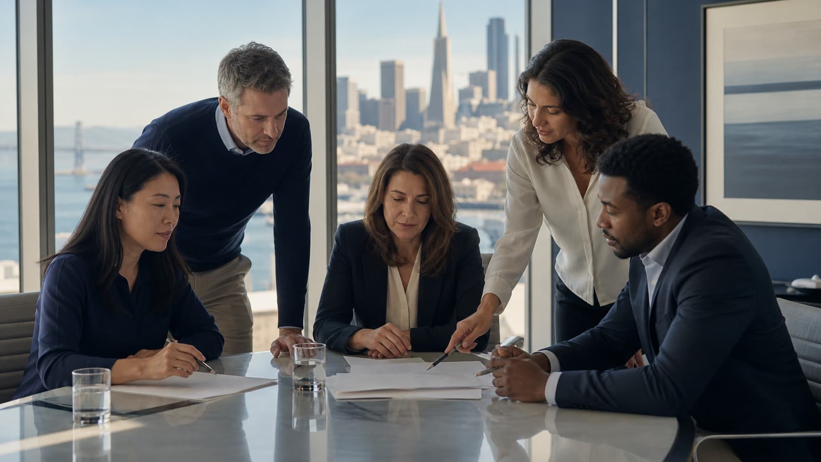 Diverse language professionals reviewing an immigration translation project in a San Francisco Bay Area office