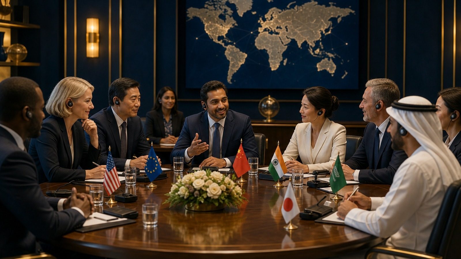 International delegates at conference table using conference interpretation services — diverse professionals, world flags