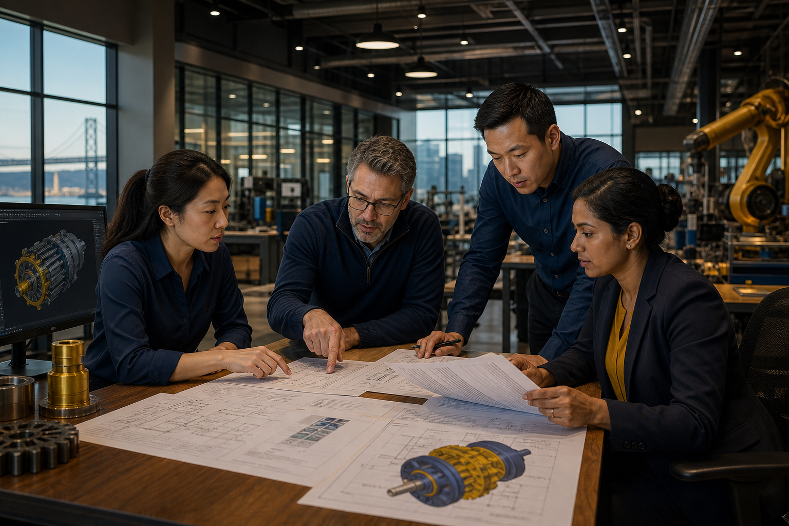 Diverse engineering team reviewing multilingual manufacturing documents, Bay Area industrial facility 