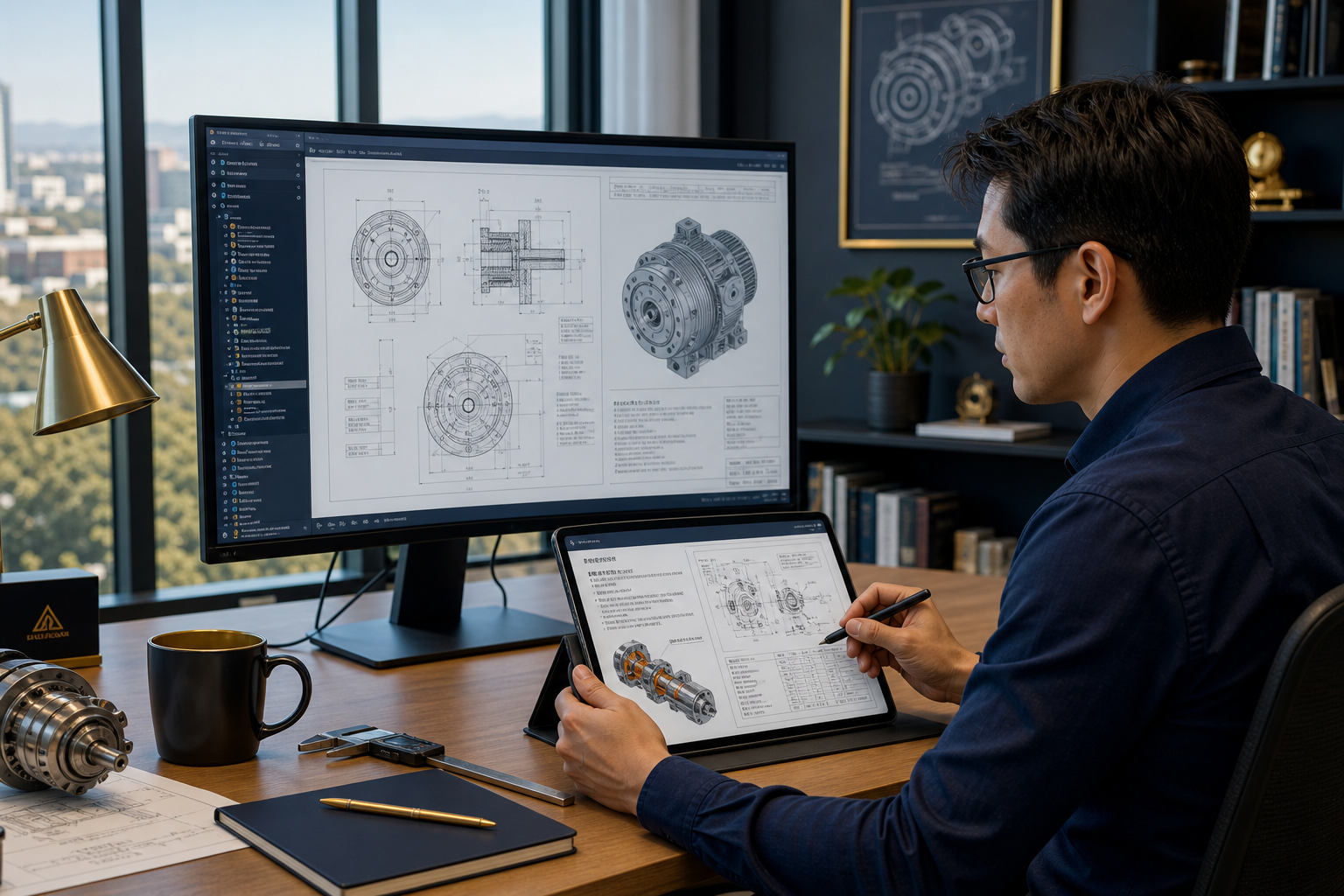 Technical engineer reviewing multilingual manufacturing specifications on a tablet, Silicon Valley Bay Area 