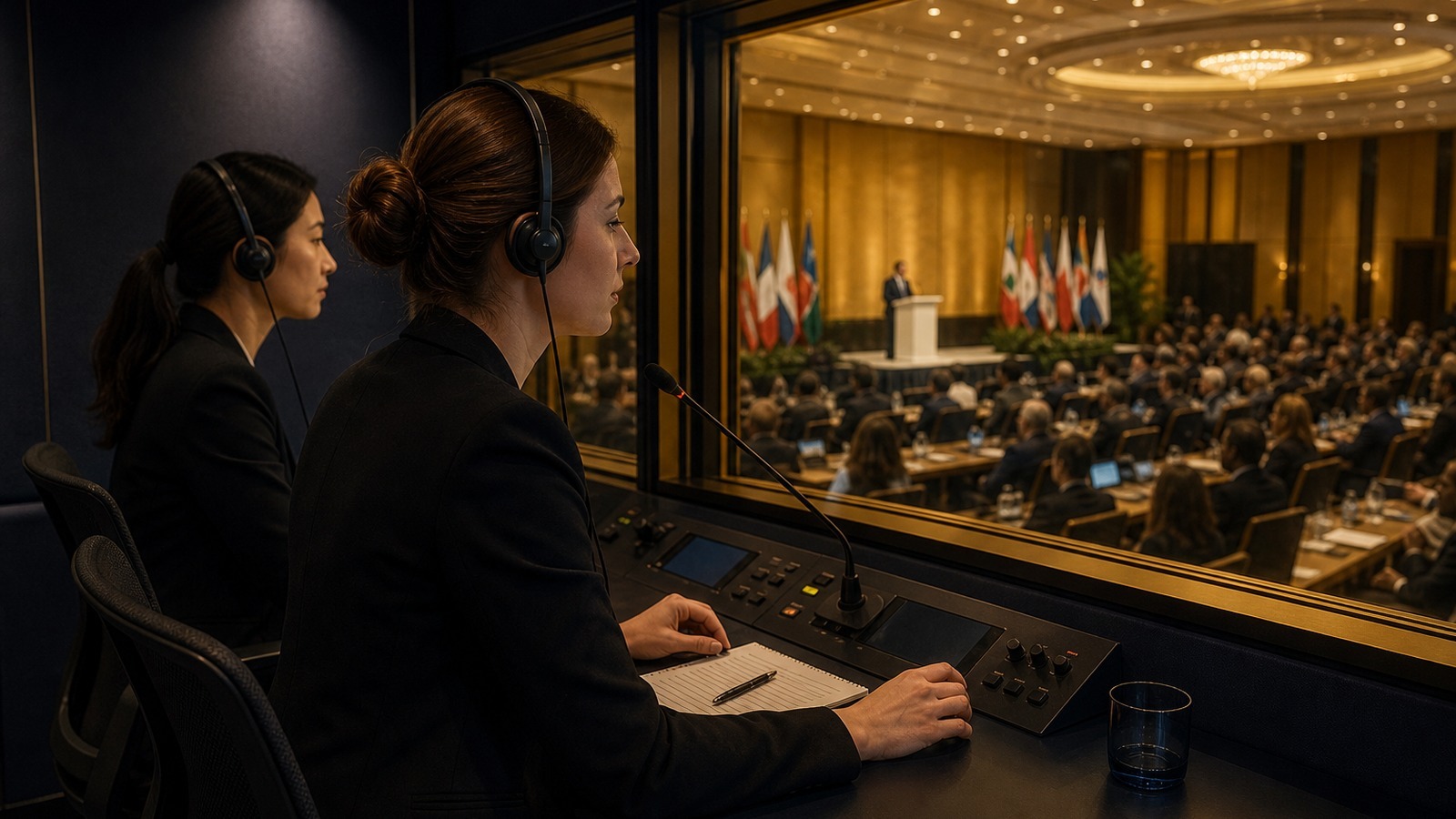 Conference interpretation services — international business meeting with diverse executives